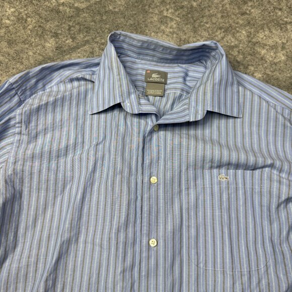 Lacoste Dress Shirt Mens 2XL Size 46 Blue Brown Striped Button Up Logo Pocket - Picture 4 of 9